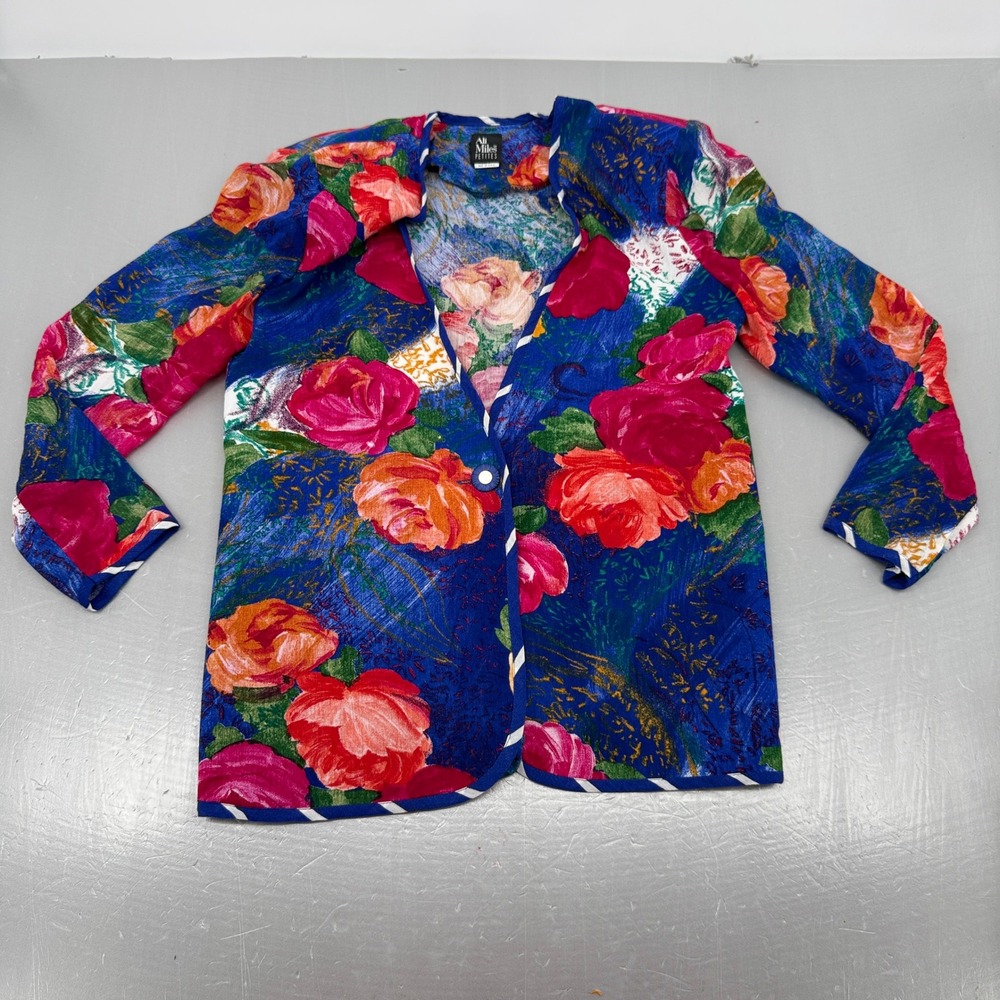 Ali Miles Petites Vintage‎ Floral Blazer Jacket Blue Pink Rose Print Size 6 USA